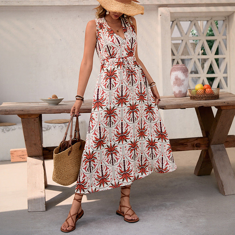 Vacation style high waisted printed sleeveless V-neck dress long skirt for women