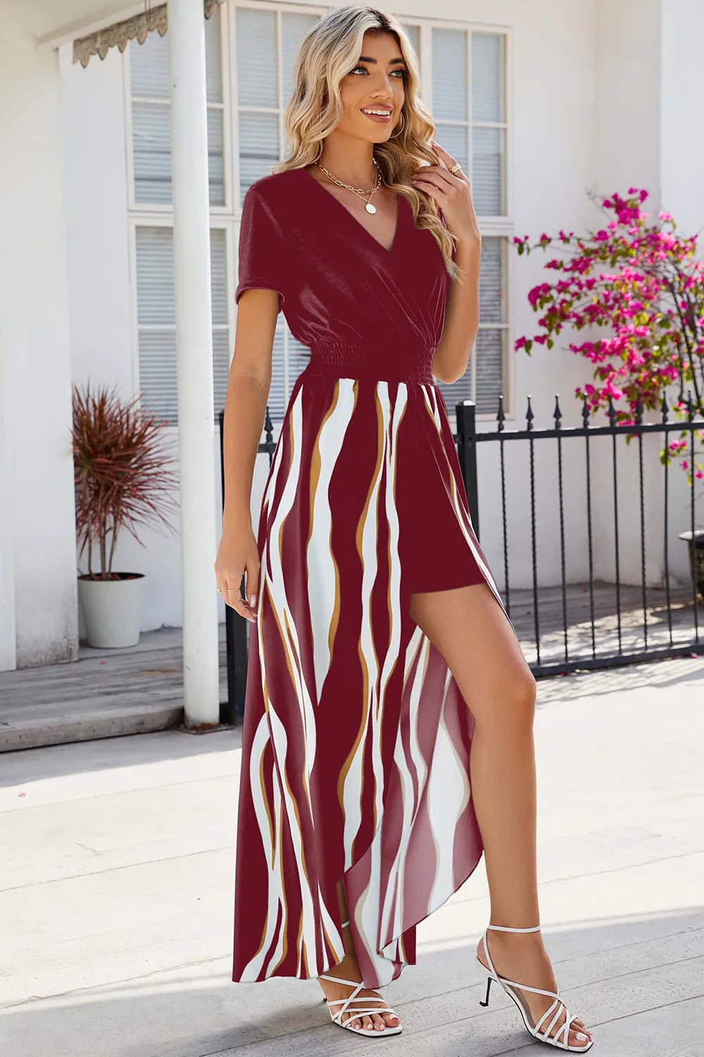 V-neck short sleeved waist cinched jumpsuit dress for women