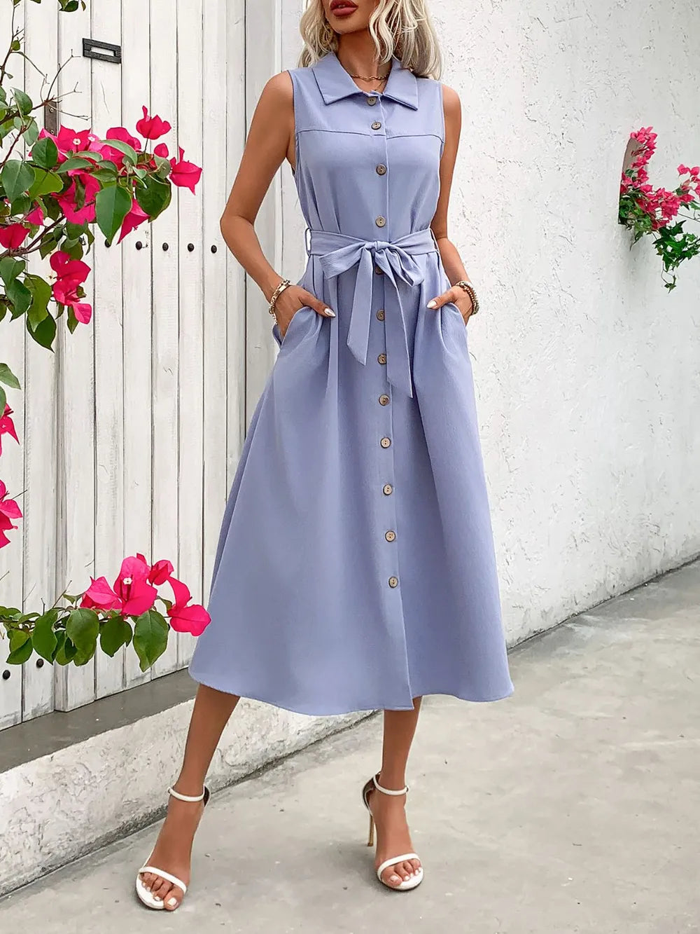 Summer casual fashion mid length lapel solid color belt sleeveless dress