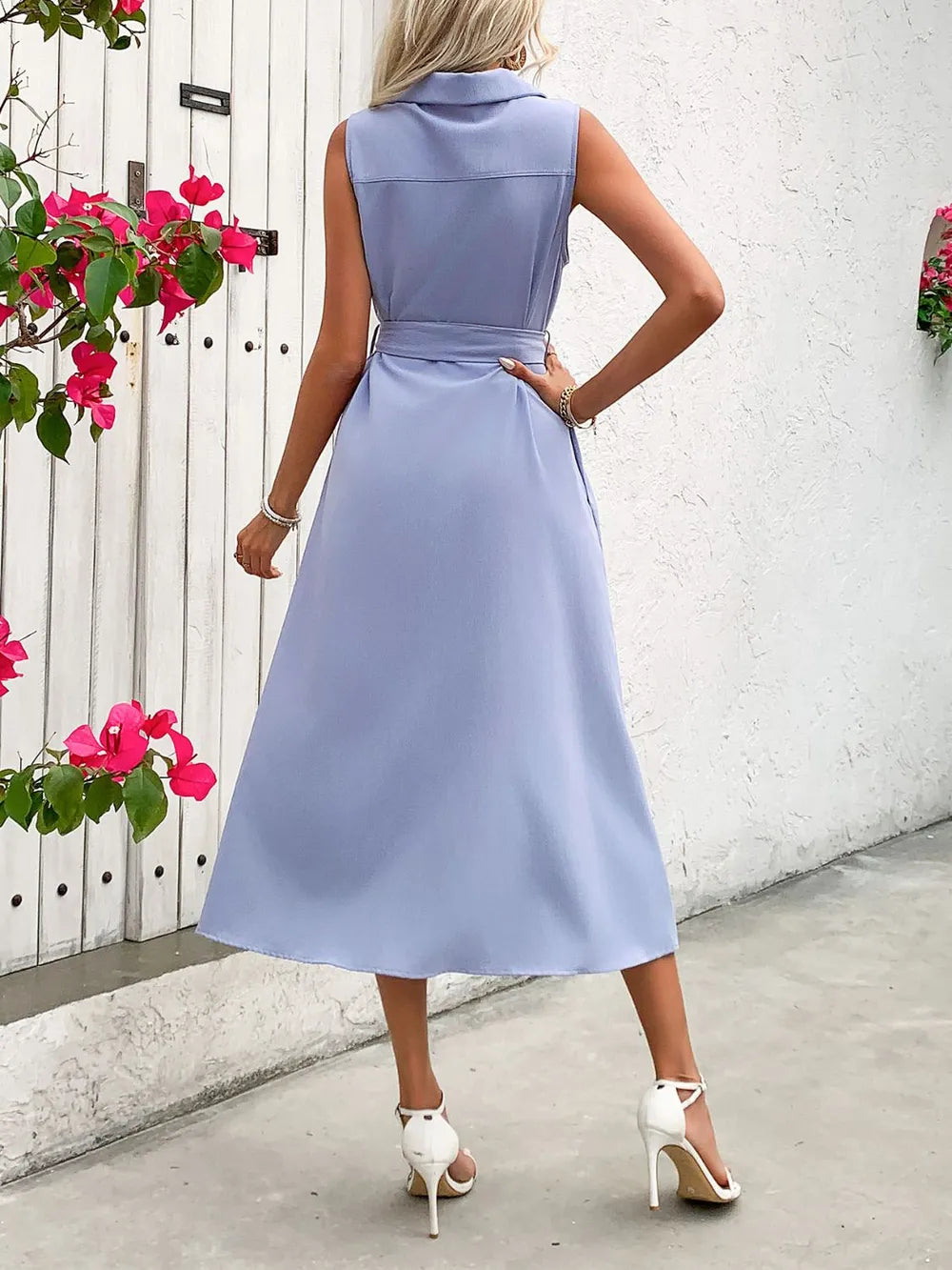 Summer casual fashion mid length lapel solid color belt sleeveless dress