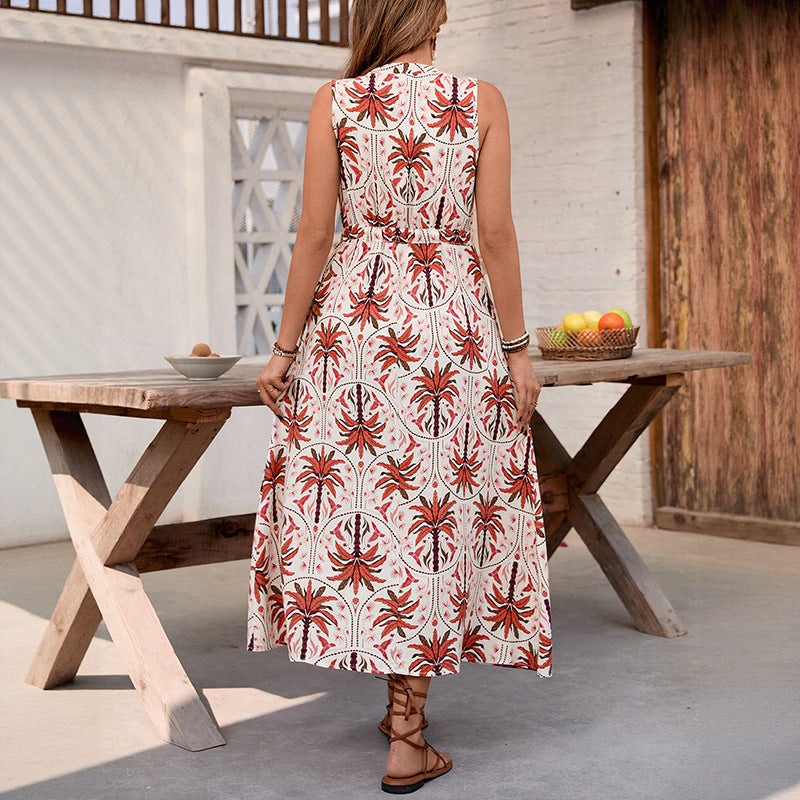 Vacation style high waisted printed sleeveless V-neck dress long skirt for women
