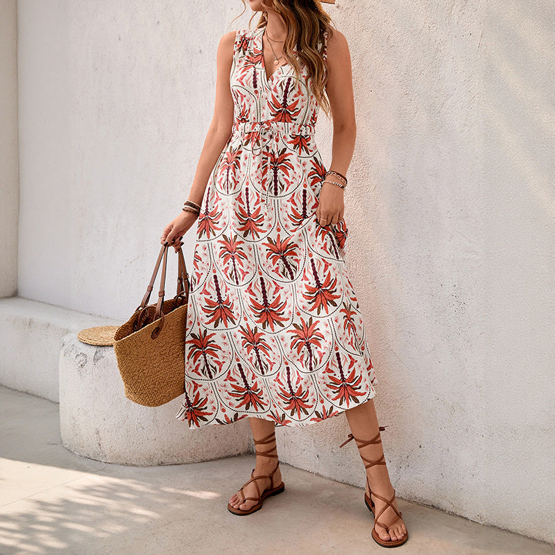 Vacation style high waisted printed sleeveless V-neck dress long skirt for women