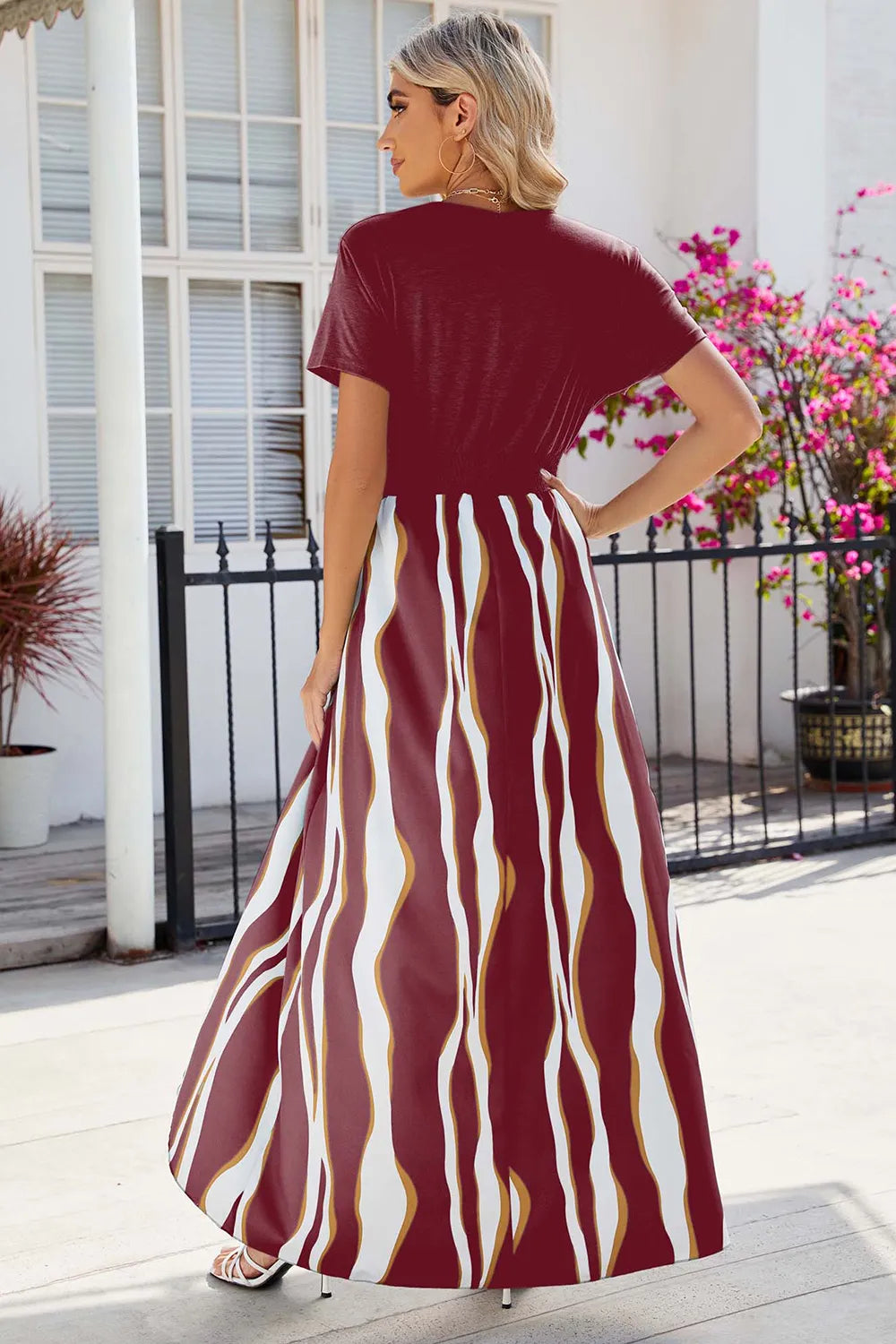 V-neck short sleeved waist cinched jumpsuit dress for women
