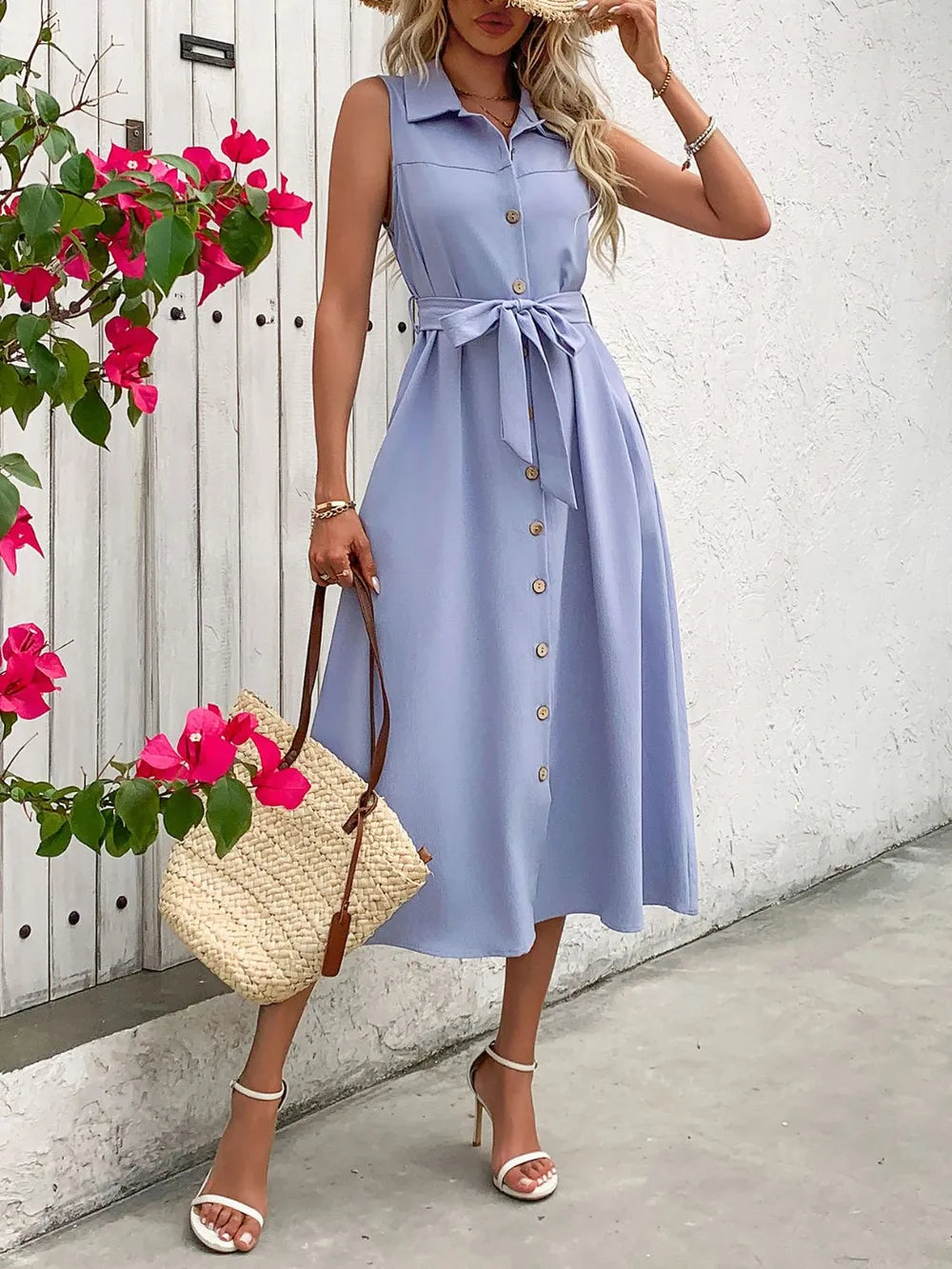 Summer casual fashion mid length lapel solid color belt sleeveless dress