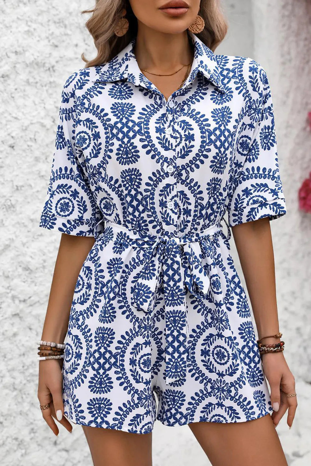 Printed bat sleeve button up shirt jumpsuit