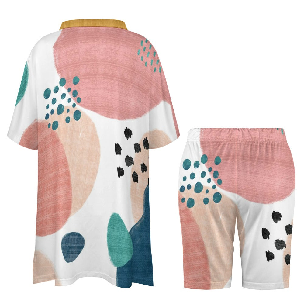 Shades of Dots V-Neck Bat Sleeve Two Piece Set for Women