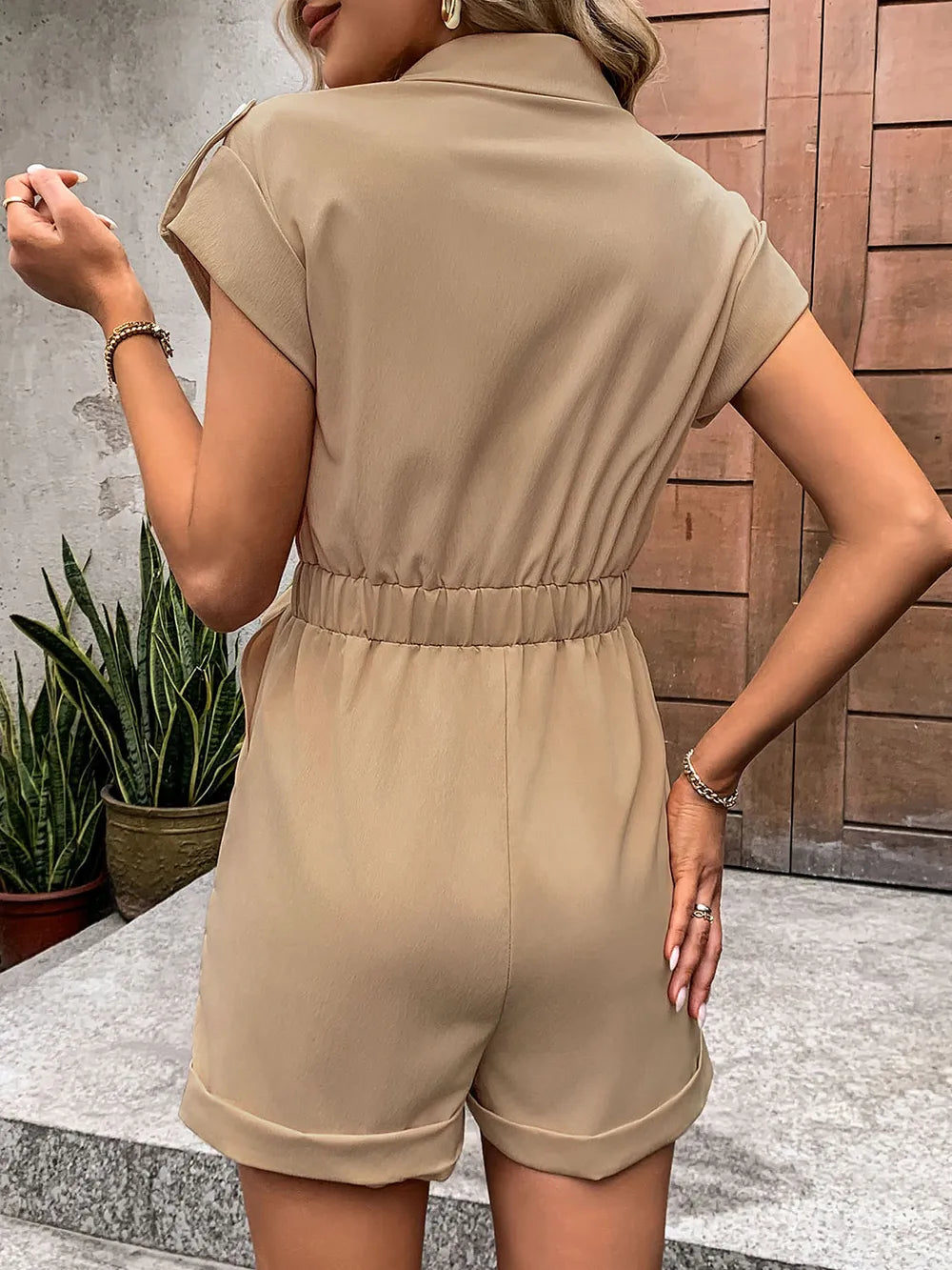 Simple casual workwear style button up tie shirt collar solid color jumpsuit