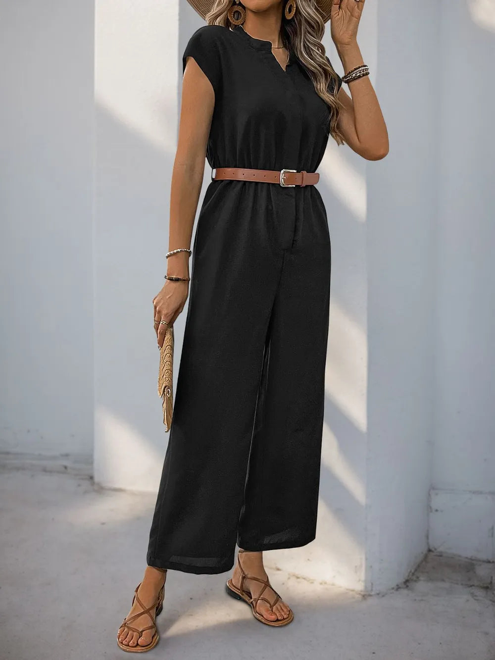 Notched Wide Leg Jumpsuit