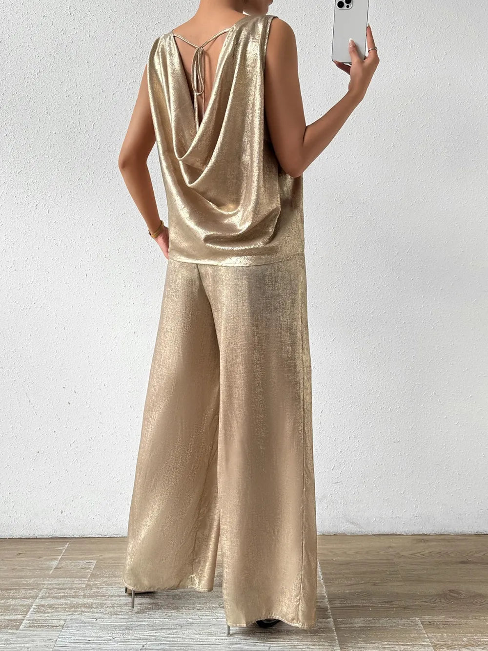 Summer sleeveless vest top with high waist and drooping feeling wide leg pants hot pressed gold shiny crystal women's clothing