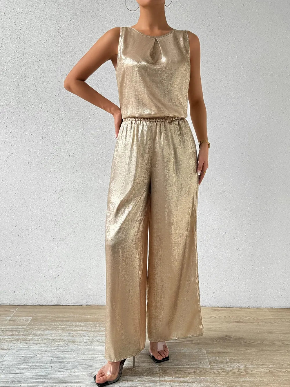 Summer sleeveless vest top with high waist and drooping feeling wide leg pants hot pressed gold shiny crystal women's clothing