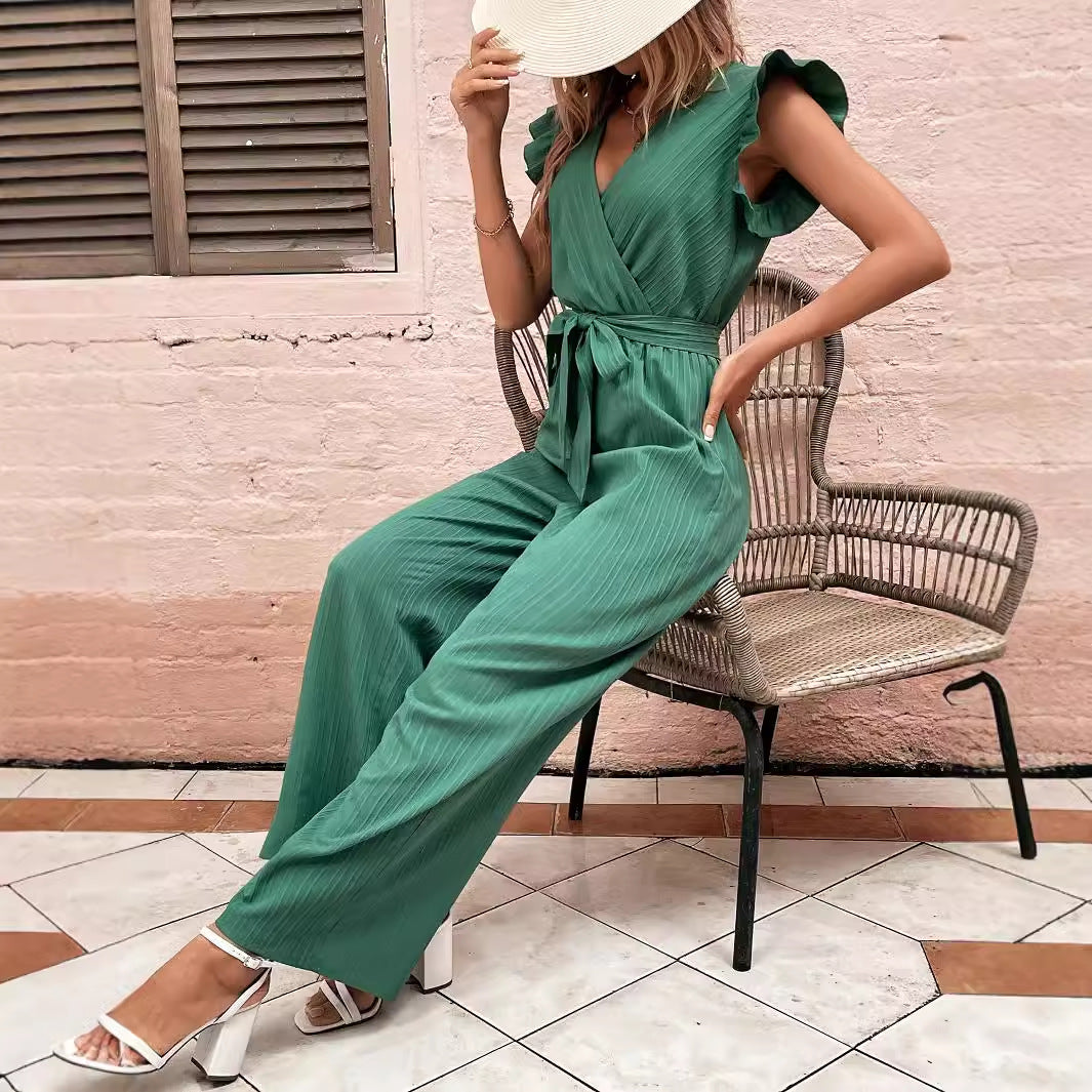 Ruffled Surplice Cap Sleeve Jumpsuit
