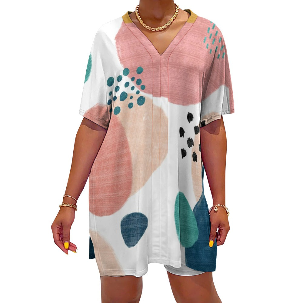 Shades of Dots V-Neck Bat Sleeve Two Piece Set for Women