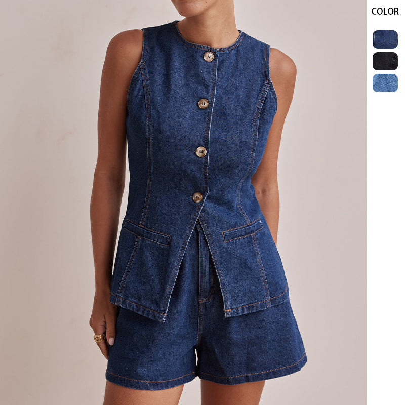 Fashionable sleeveless waist cinched high waisted loose denim shorts set