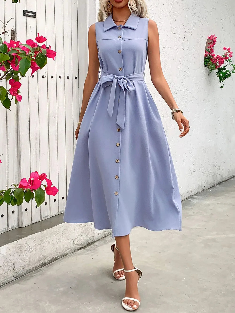 Summer casual fashion mid length lapel solid color belt sleeveless dress