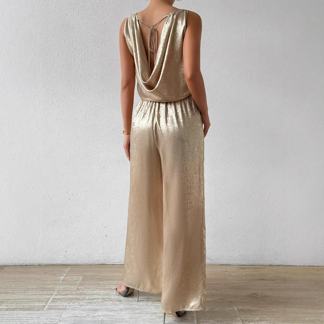 Summer sleeveless vest top with high waist and drooping feeling wide leg pants hot pressed gold shiny crystal women's clothing
