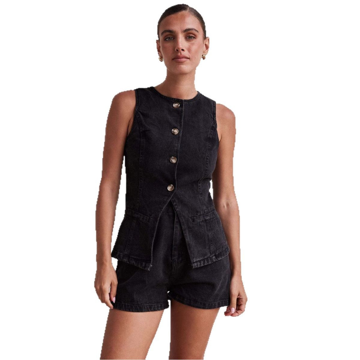 Fashionable sleeveless waist cinched high waisted loose denim shorts set