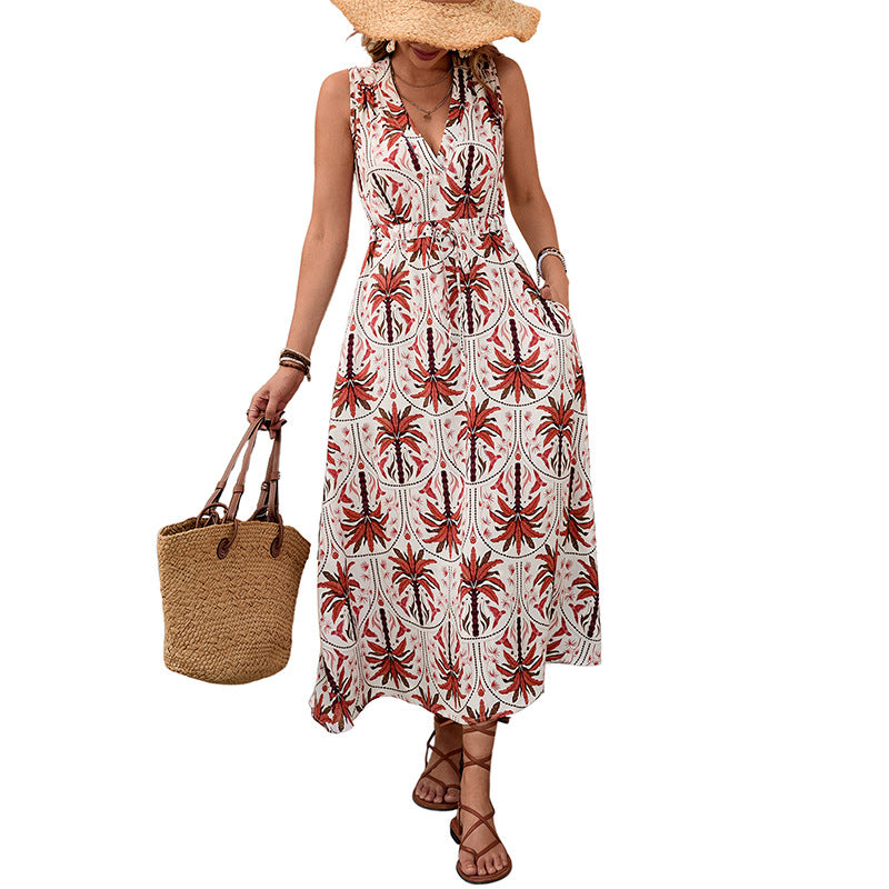 Vacation style high waisted printed sleeveless V-neck dress long skirt for women