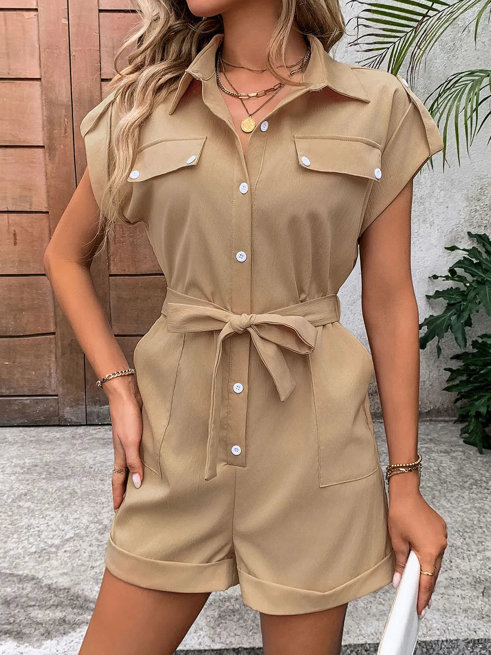 Simple casual workwear style button up tie shirt collar solid color jumpsuit