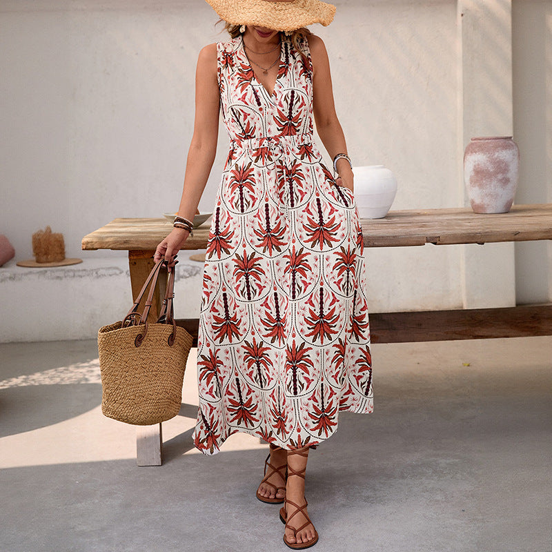 Vacation style high waisted printed sleeveless V-neck dress long skirt for women