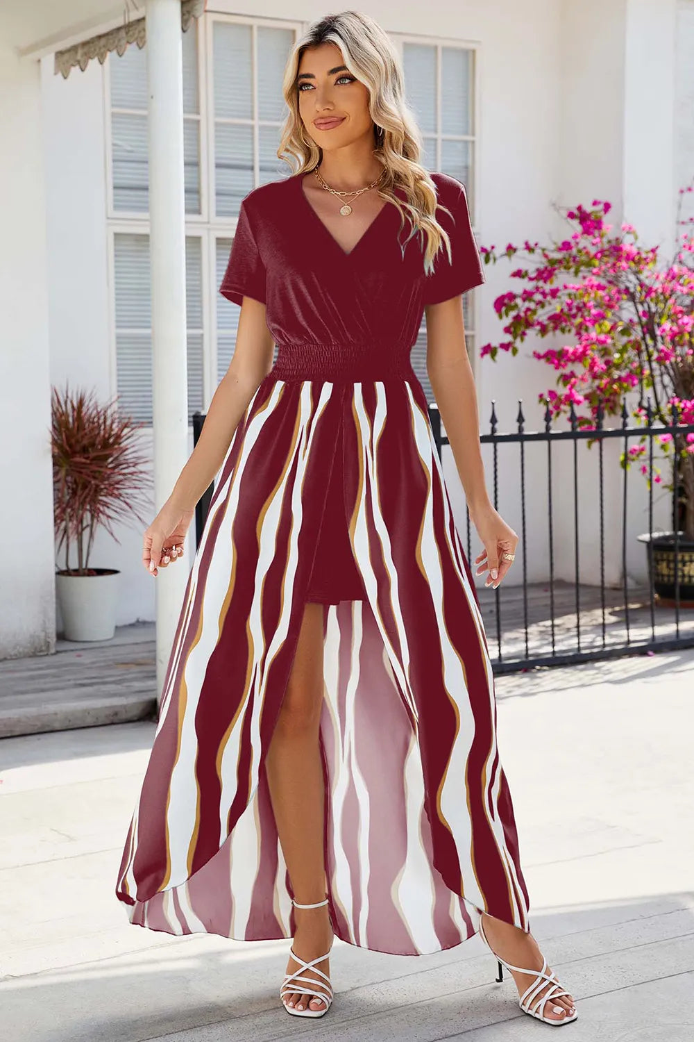 V-neck short sleeved waist cinched jumpsuit dress for women