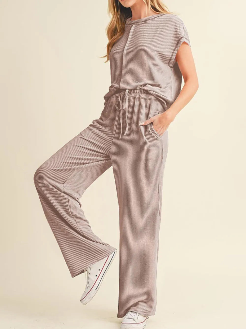 Ribbed Exposed Seam Top and Pants Set