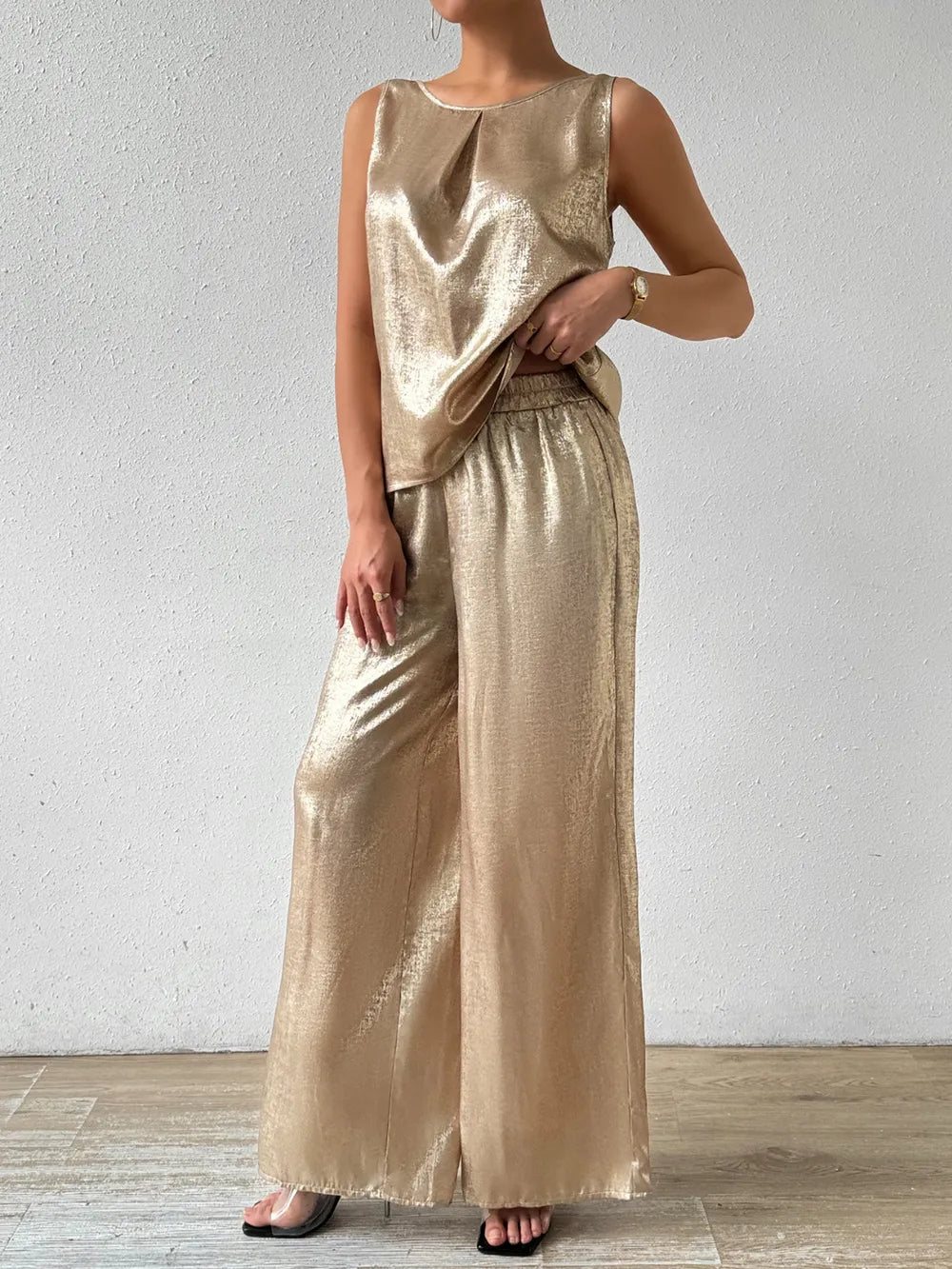 Summer sleeveless vest top with high waist and drooping feeling wide leg pants hot pressed gold shiny crystal women's clothing