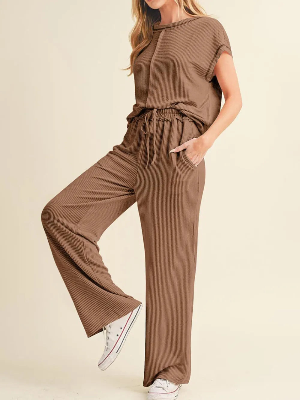 Ribbed Exposed Seam Top and Pants Set